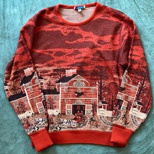Vintage Landscape Sweater Colonial Autumn Scene